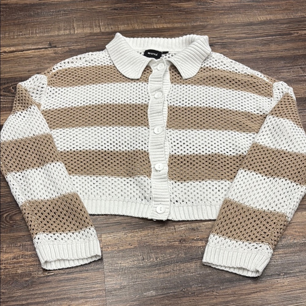 RD Style White and Tan Striped Cardigan